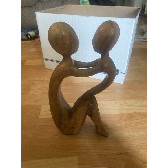 Hand-Carved Wooden Sculpture Mother and Child Embrace Abstract Figurine 11” - Picture 1 of 9